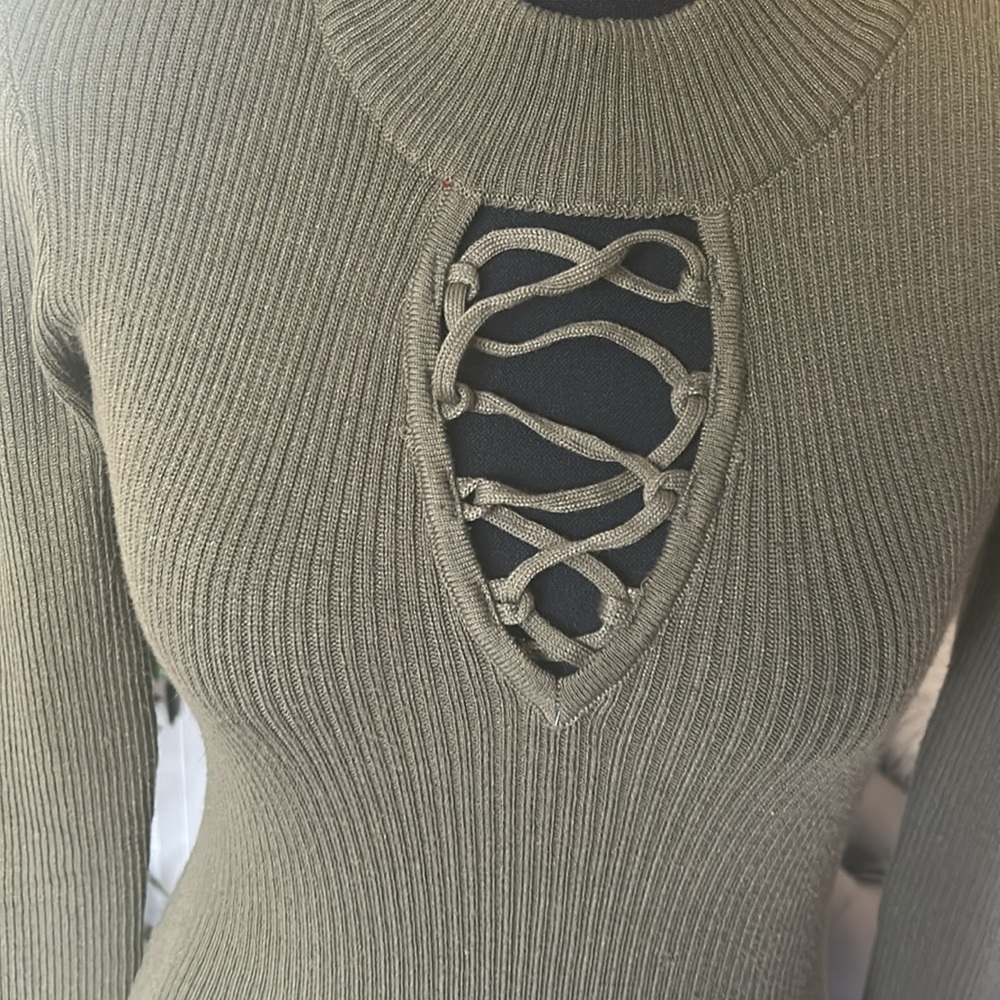 Olive Green Knit Dress with Lace-Up Detail - Picture 3 of 9